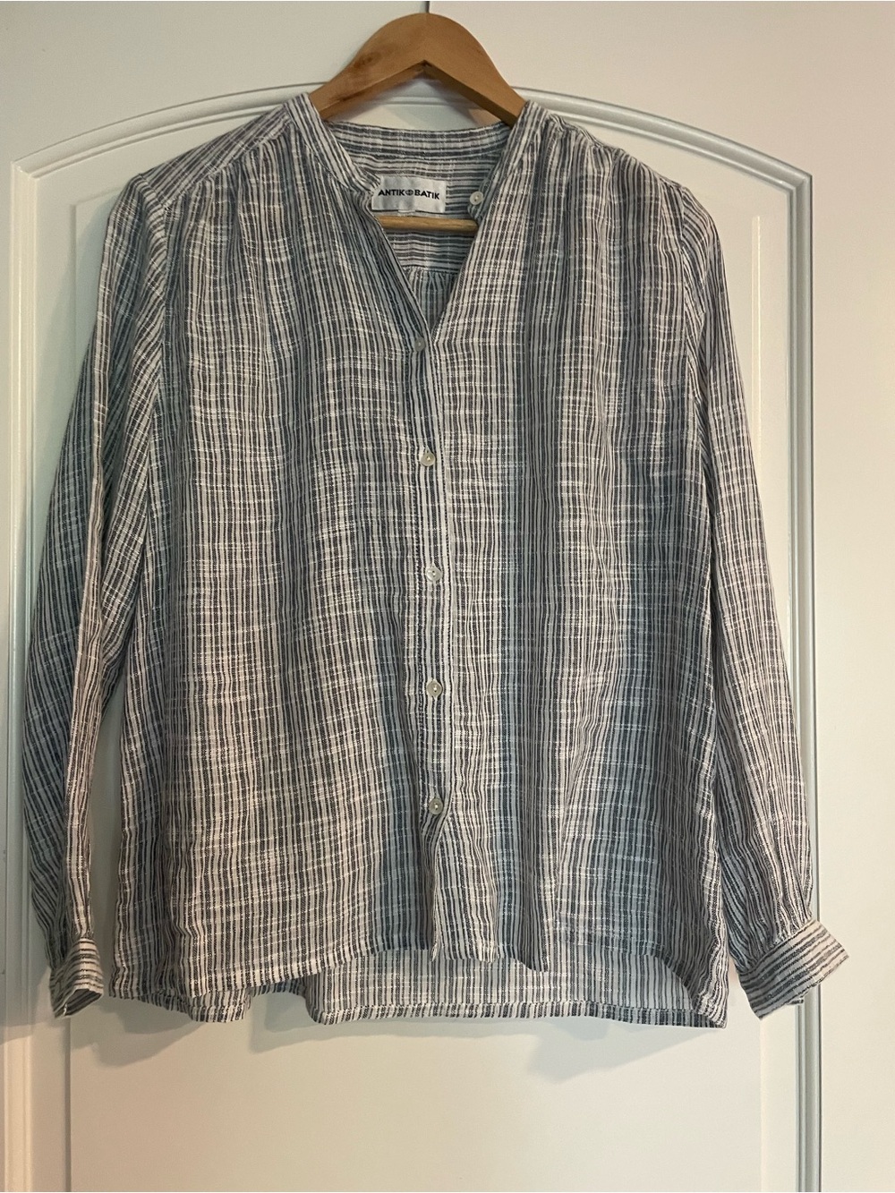 Antik Batik Gray & White Striped Cotton Button-Up Coastal Blouse